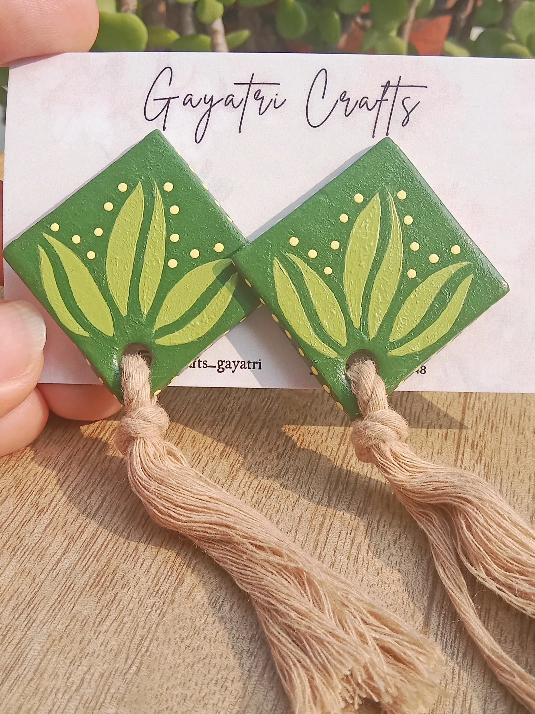 Minimalist Clay Studs With A Hand Painted Boho Design In Beautiful Green And A Macrame Twist