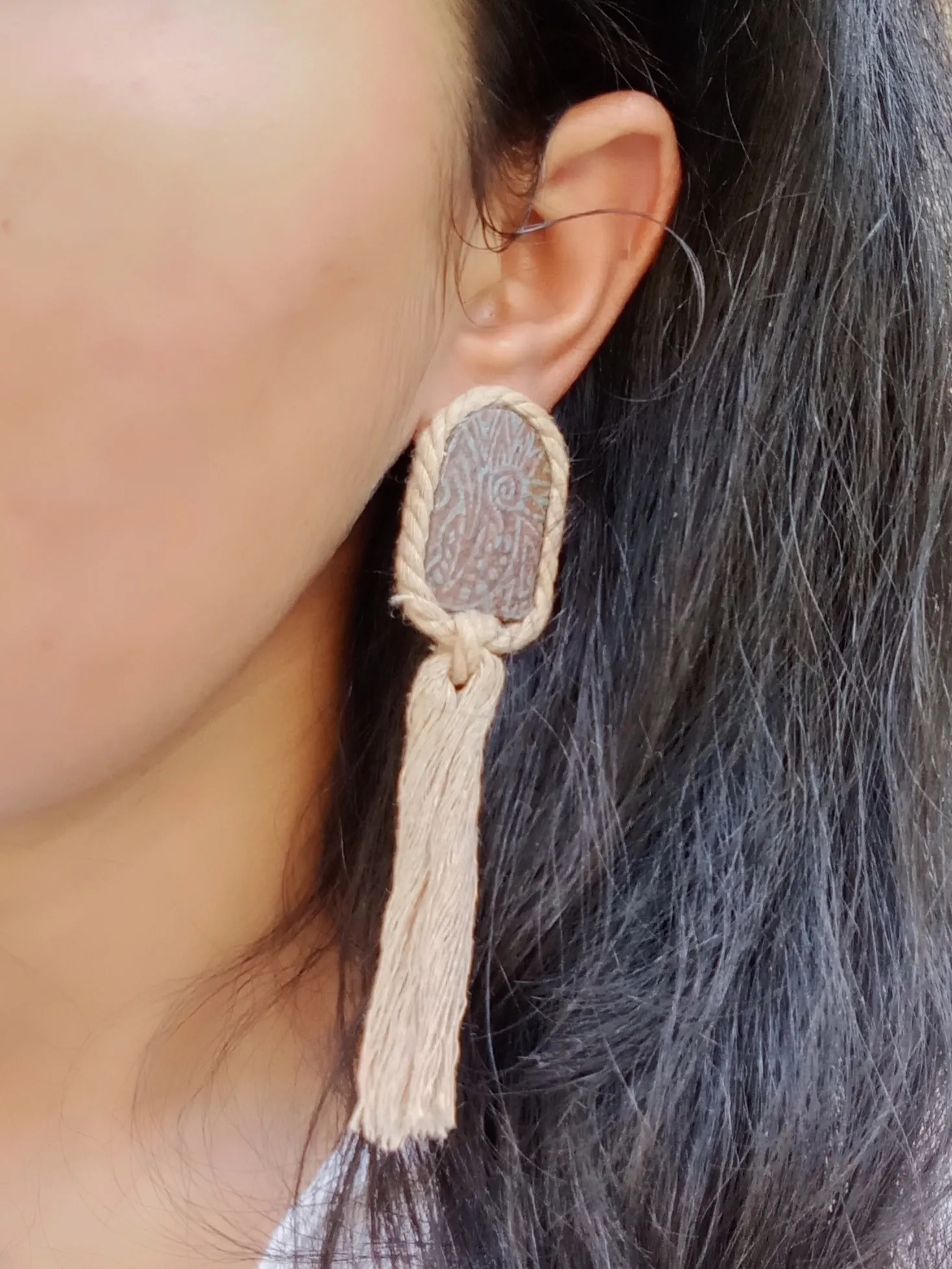 Minimalist Clay Studs With A Vintage Tribal Boho Pattern And A Macrame Twist