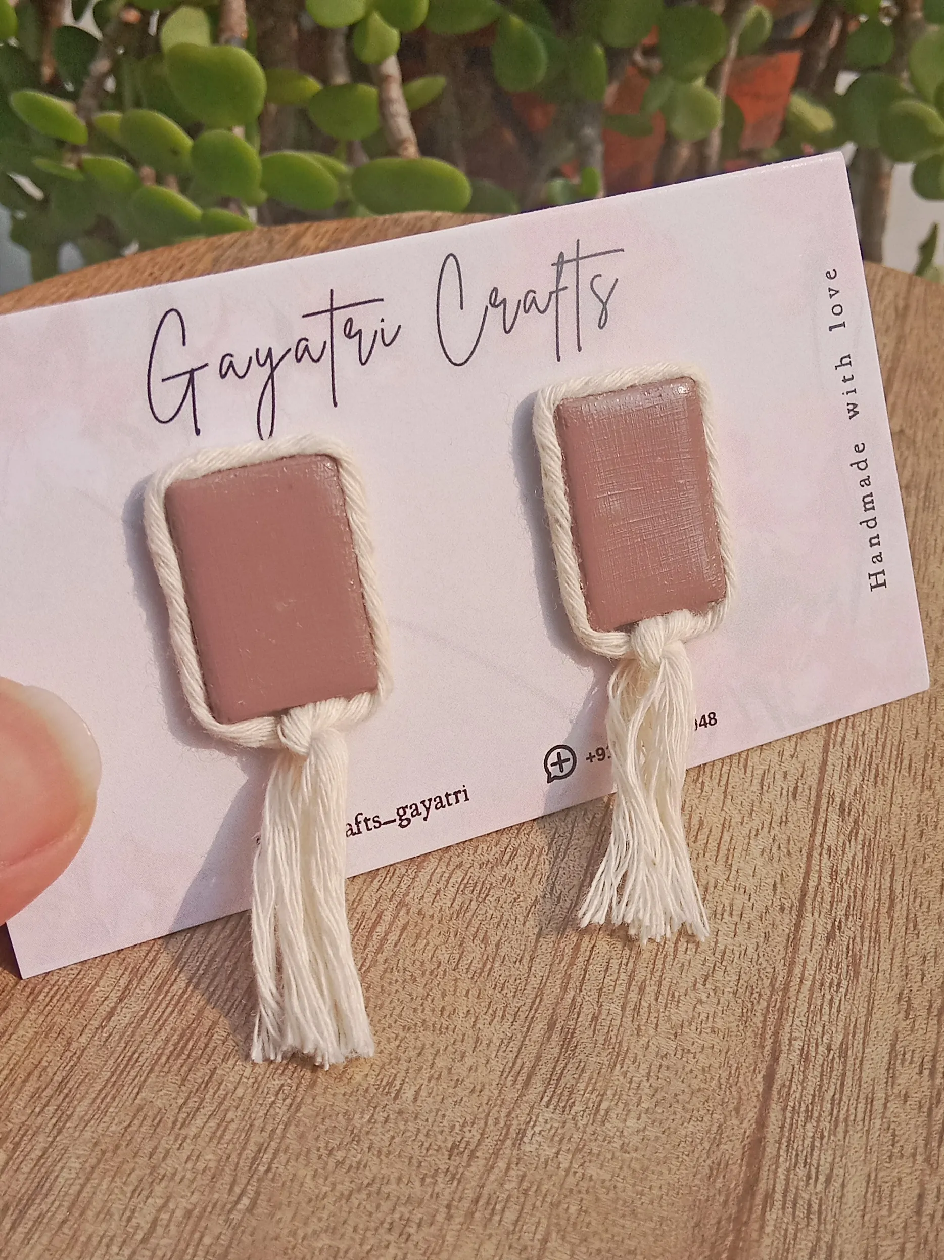 Minimalist Clay Studs In Mauve Colour With A Macrame Border