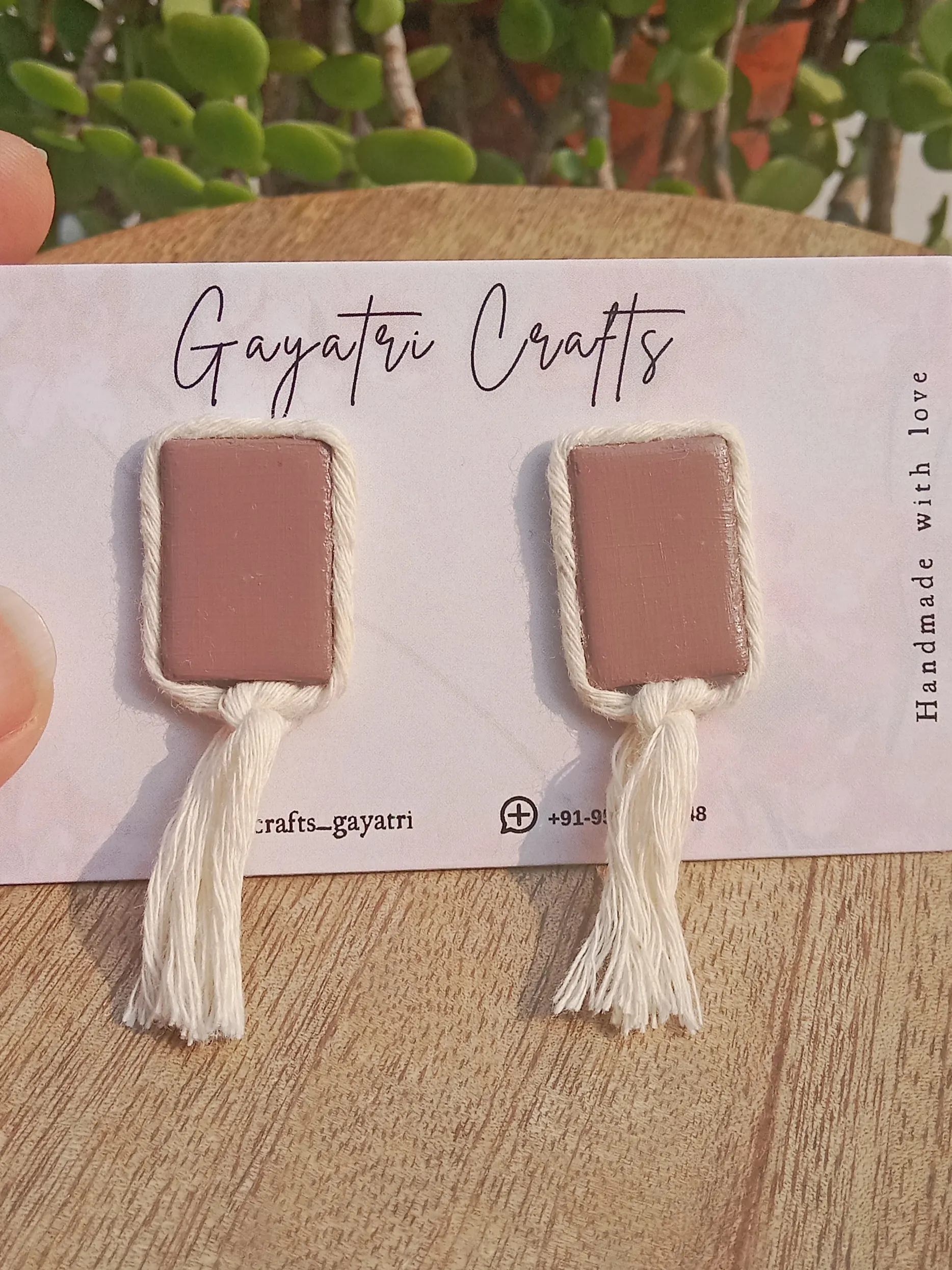 Minimalist Clay Studs In Mauve Colour With A Macrame Border
