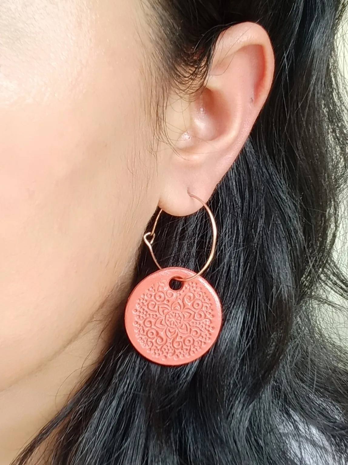 Minimalist Clay Drop Dangling Earrings With An Engraved Mandala Pattern And Hoops In Rose Gold Shade