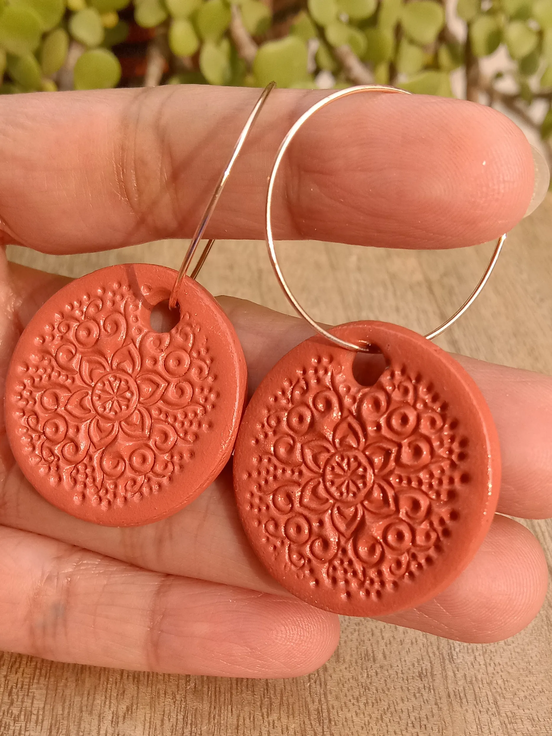 Minimalist Clay Drop Dangling Earrings With An Engraved Mandala Pattern And Hoops In Rose Gold Shade
