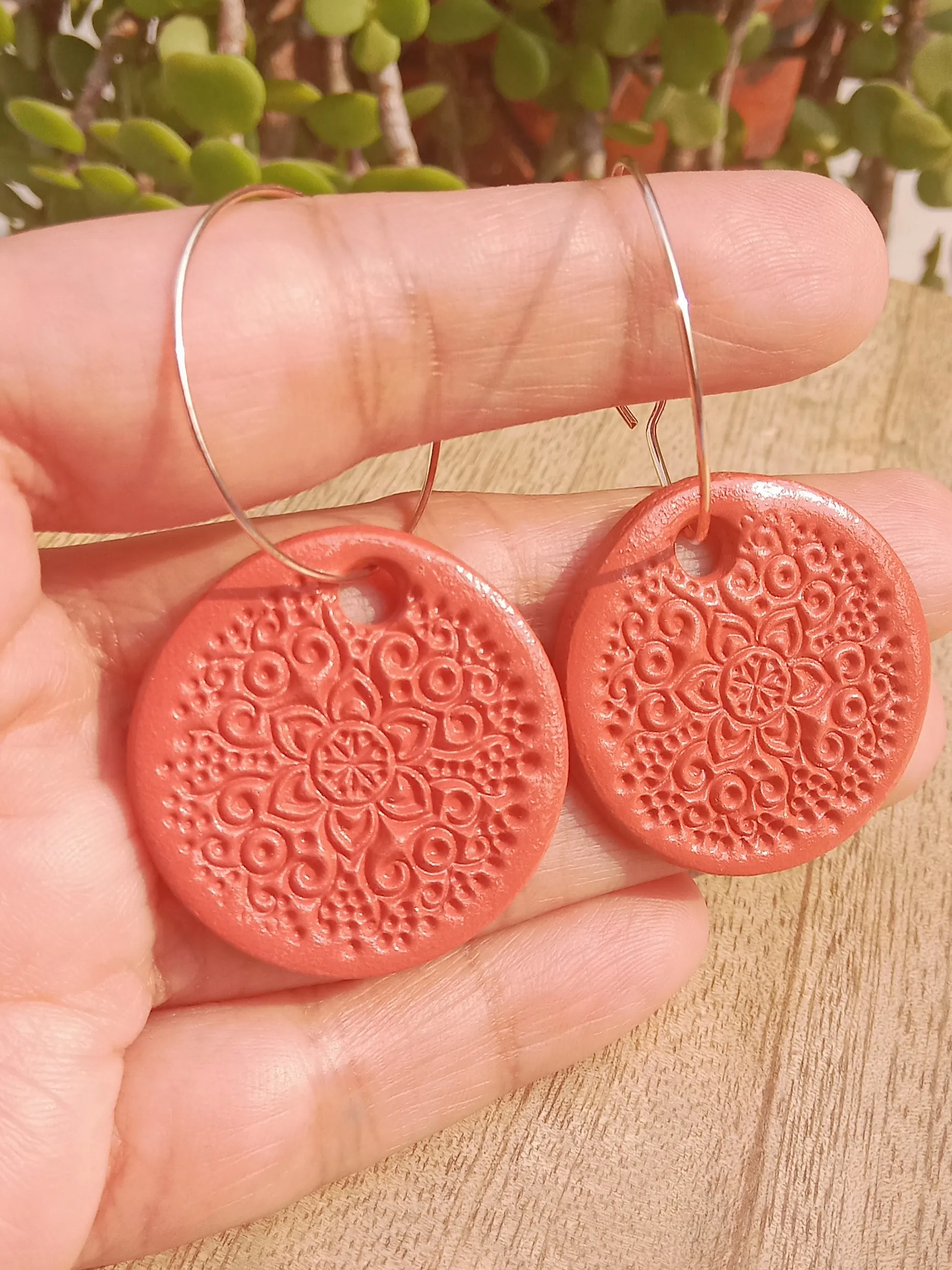 Minimalist Clay Drop Dangling Earrings With An Engraved Mandala Pattern And Hoops In Rose Gold Shade