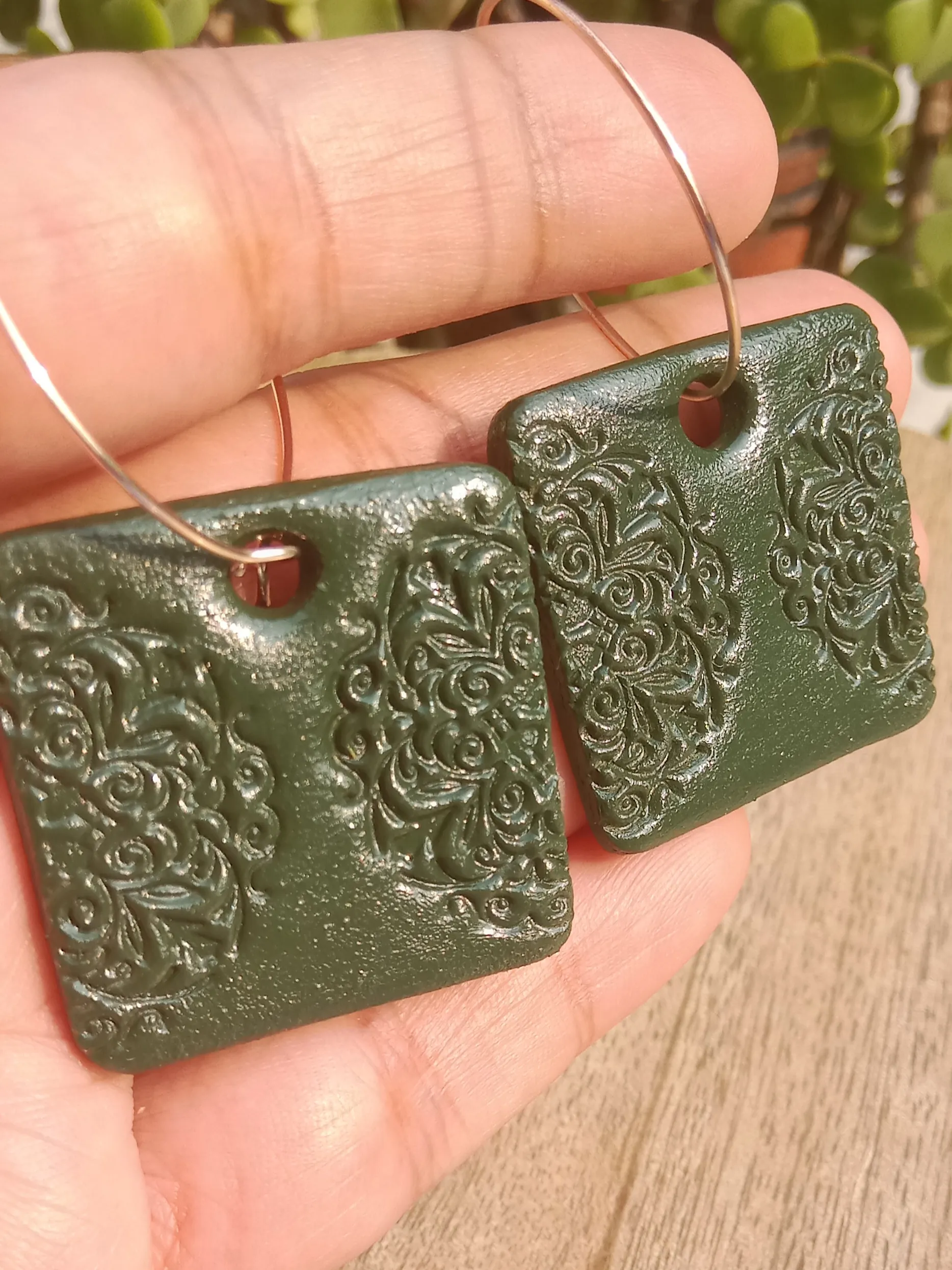 Minimalist Clay Green Drop Dangling Earrings With Engraved Mandala Pattern And Hoops In Rose Gold Shade