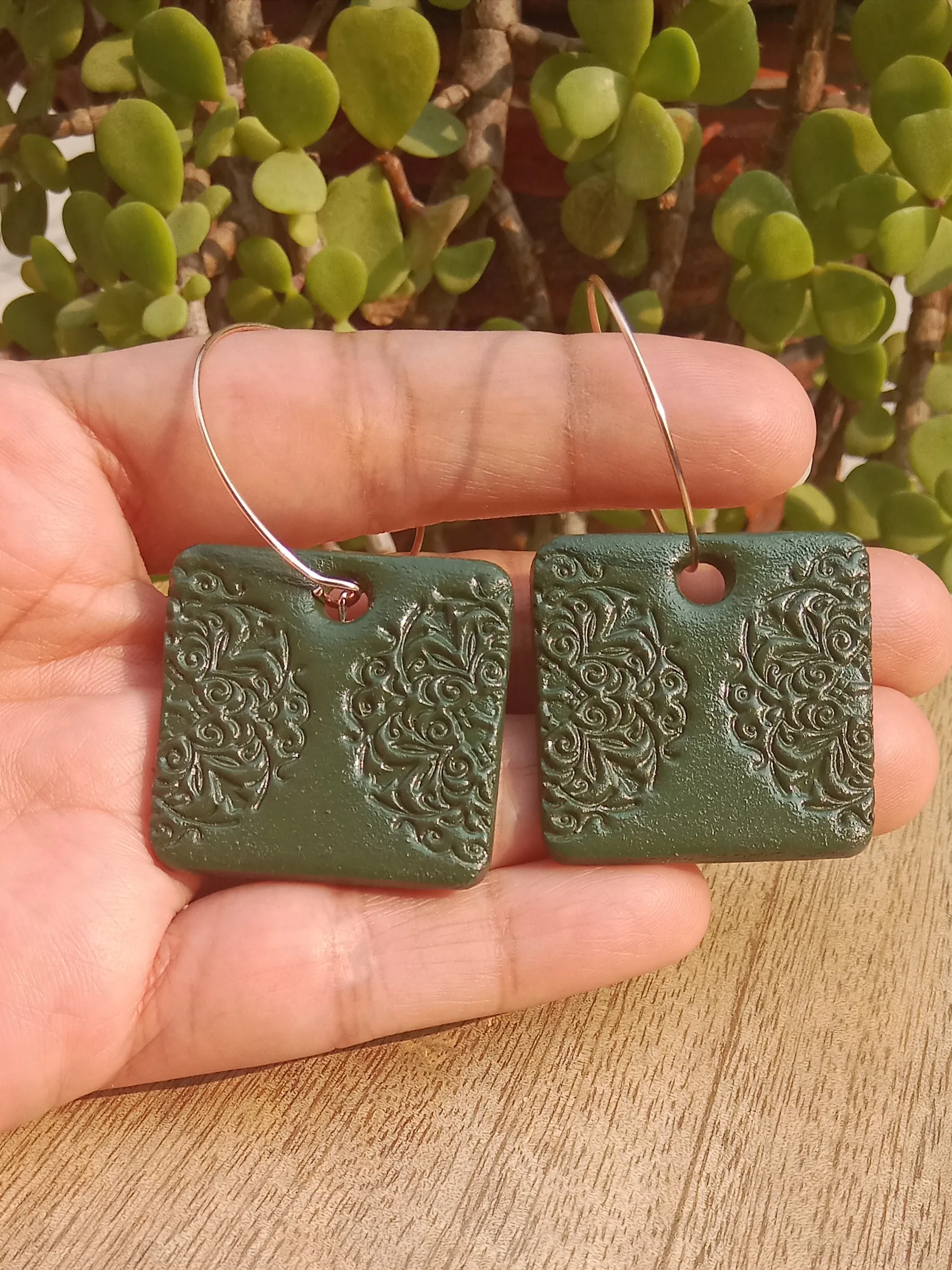 Minimalist Clay Green Drop Dangling Earrings With Engraved Mandala Pattern And Hoops In Rose Gold Shade