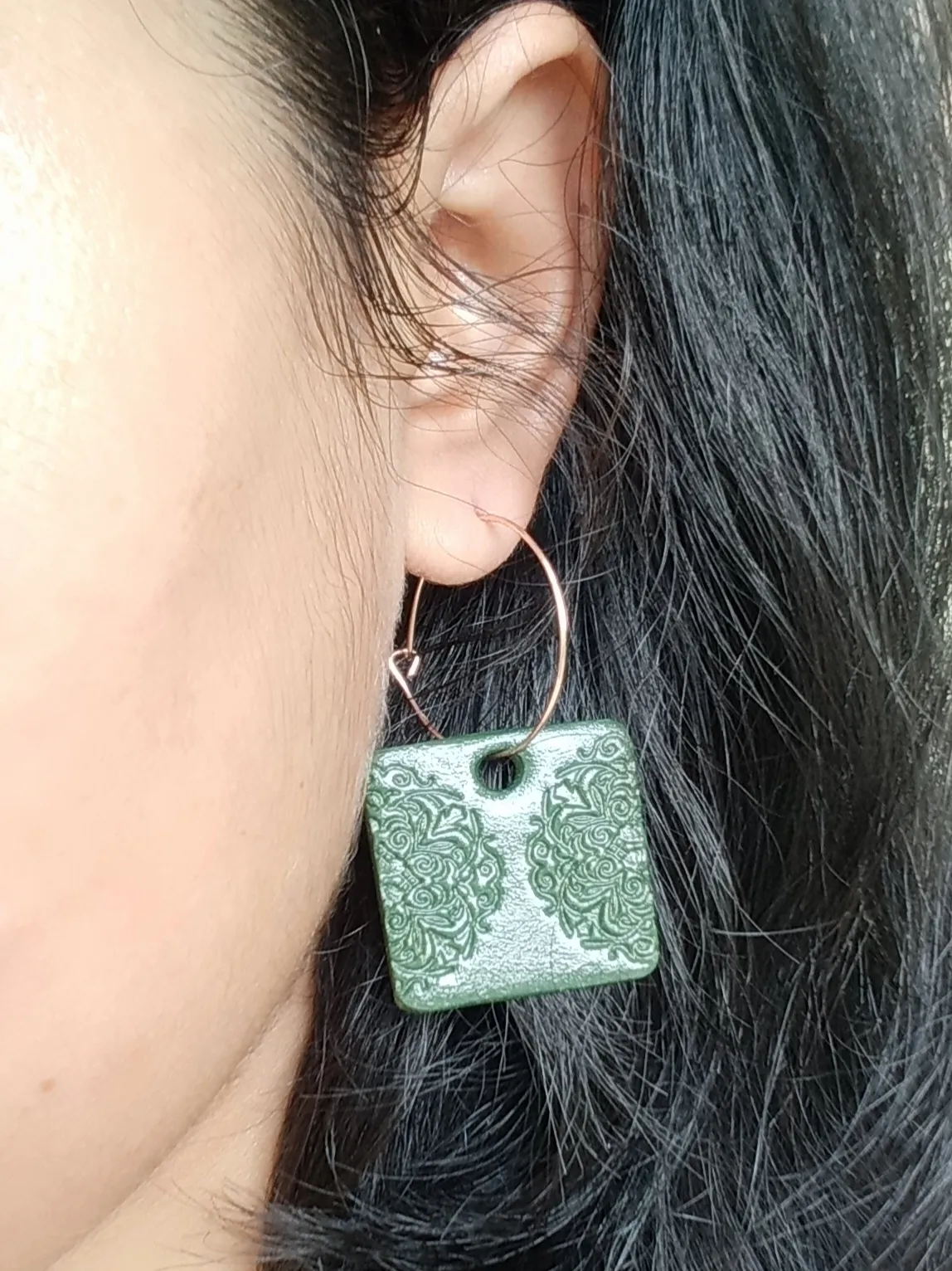 Minimalist Clay Green Drop Dangling Earrings With Engraved Mandala Pattern And Hoops In Rose Gold Shade
