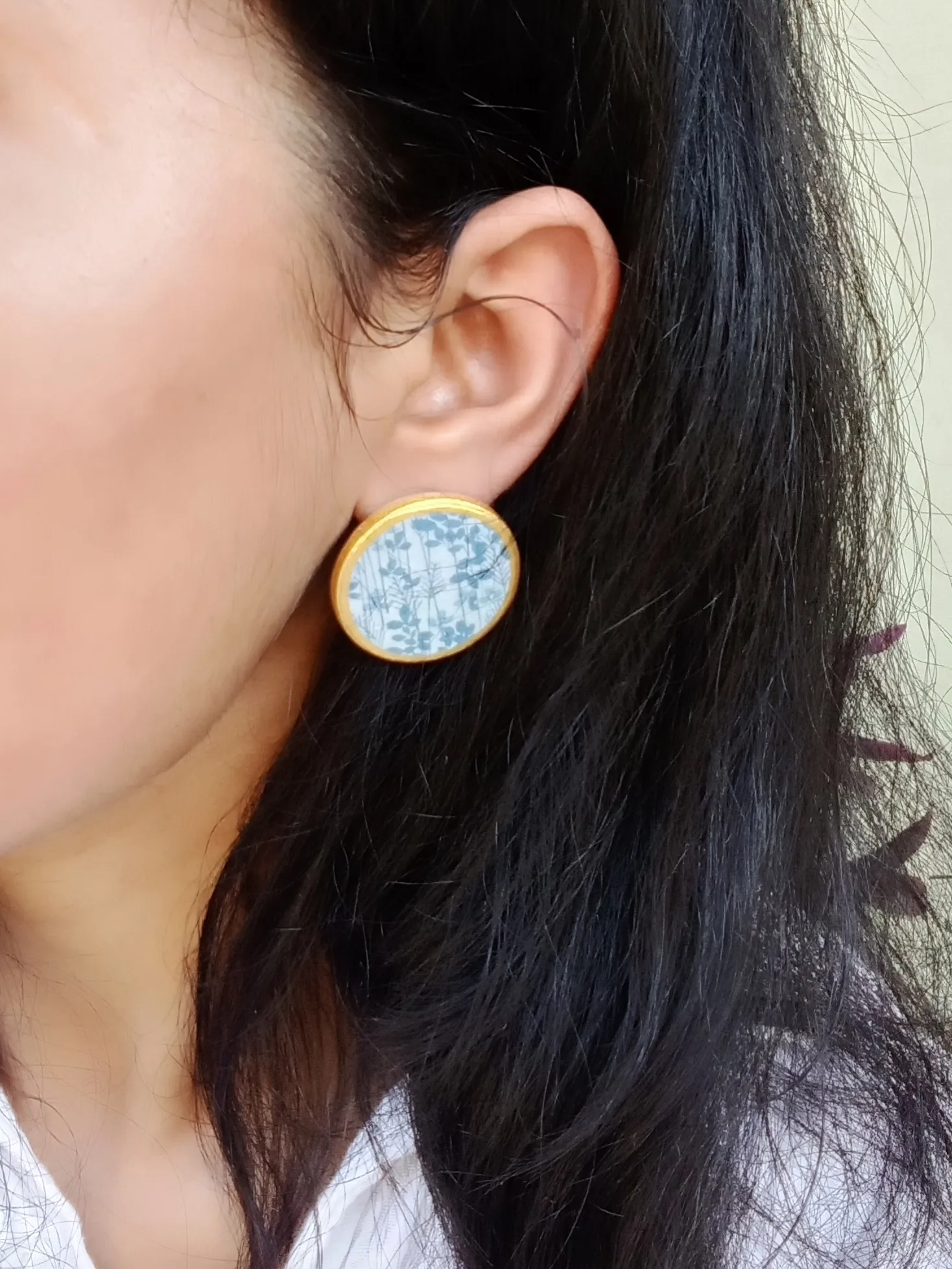 Big Boho Clay Stud Earrings - Blue Leafy Print with Gold Border - Anti-Tarnish Statement Jewelry