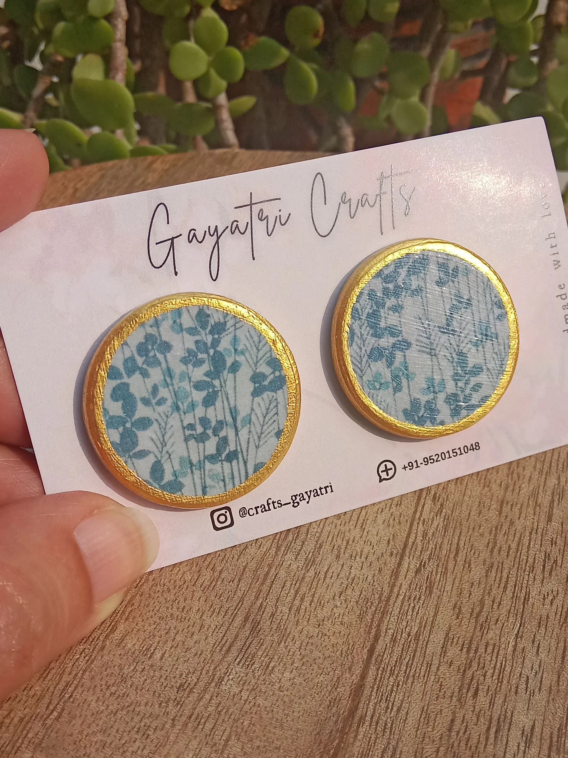 Big Boho Clay Stud Earrings - Blue Leafy Print with Gold Border - Anti-Tarnish Statement Jewelry