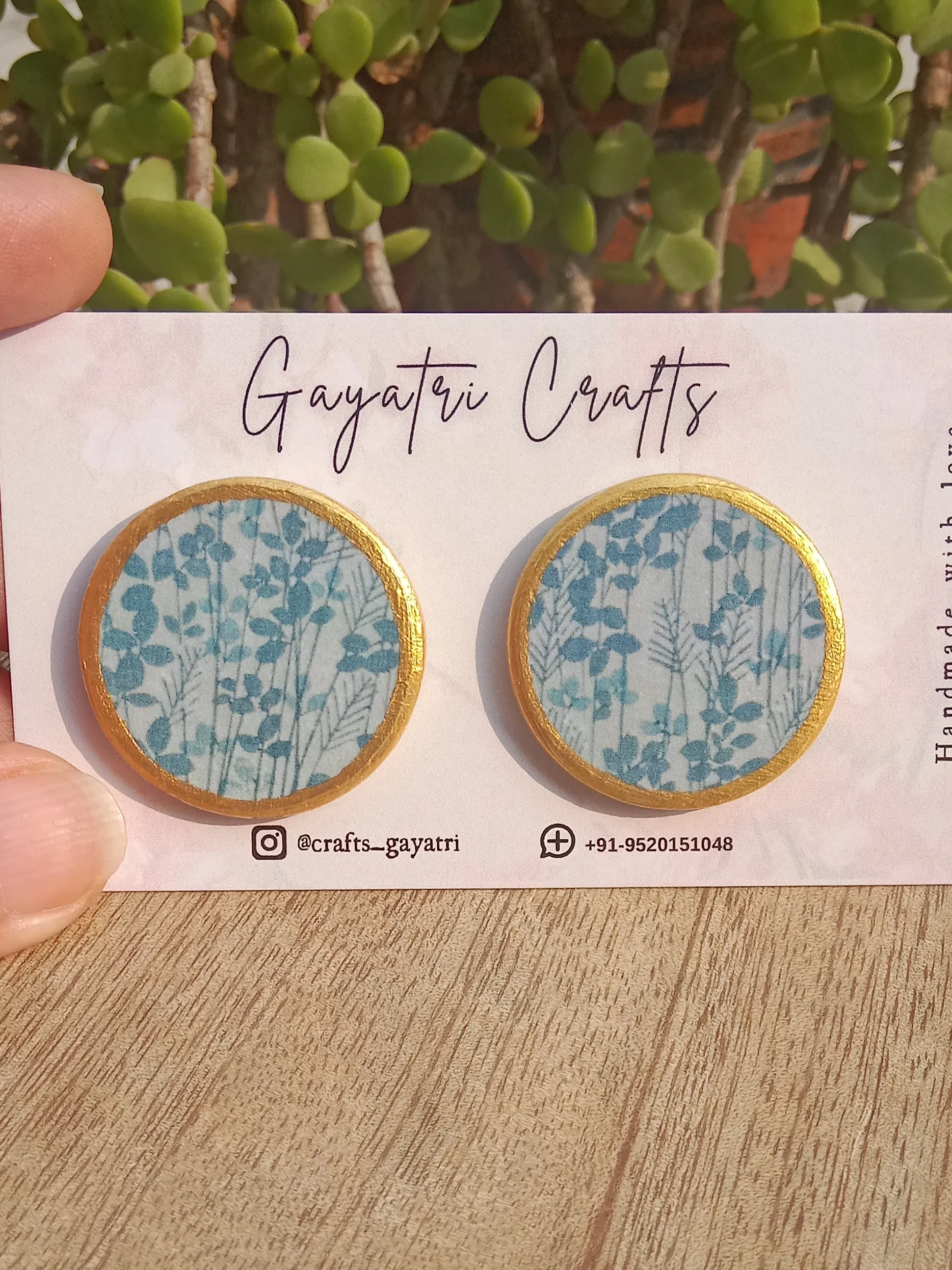 Big Boho Clay Stud Earrings - Blue Leafy Print with Gold Border - Anti-Tarnish Statement Jewelry