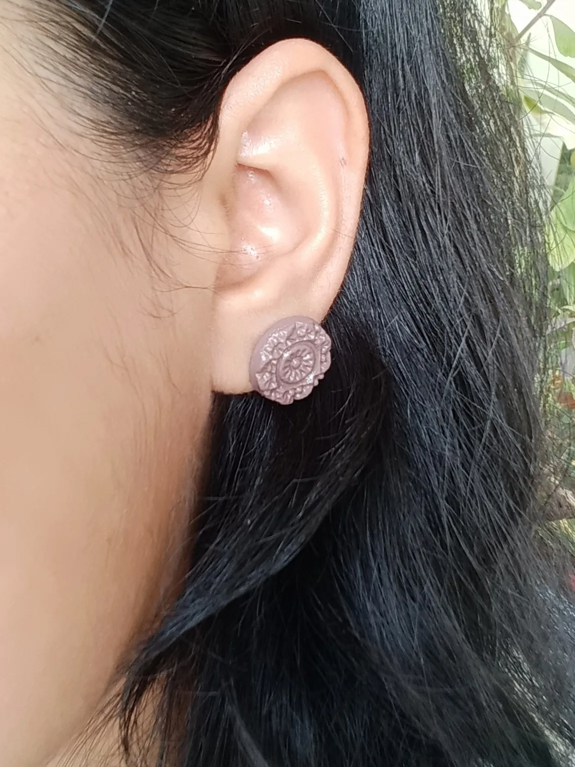 Small Mauve Clay Stud Earrings - Engraved Mandala Pattern - Hypoallergenic Stainless Steel Backing
