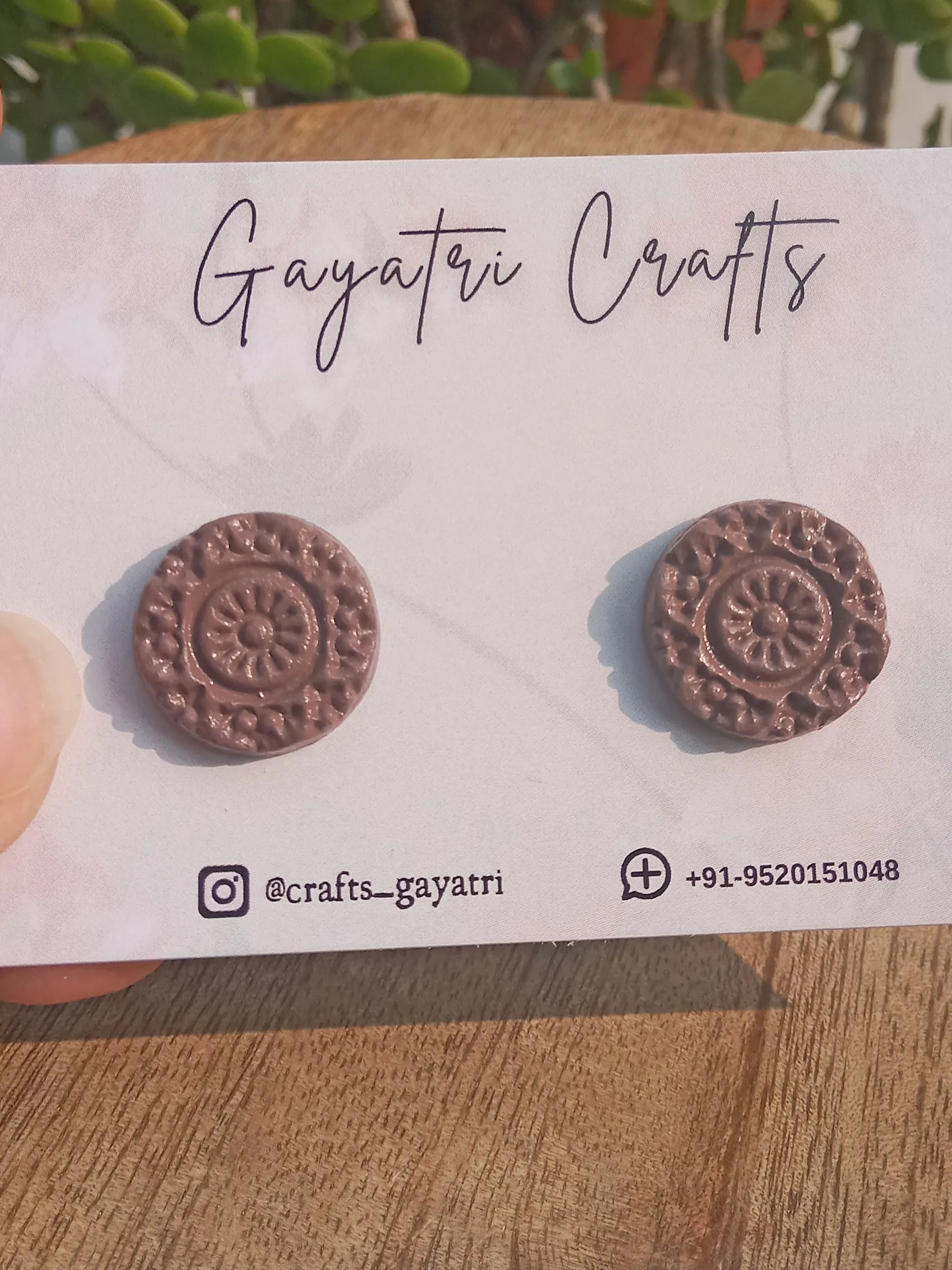 Small Mauve Clay Stud Earrings - Engraved Mandala Pattern - Hypoallergenic Stainless Steel Backing