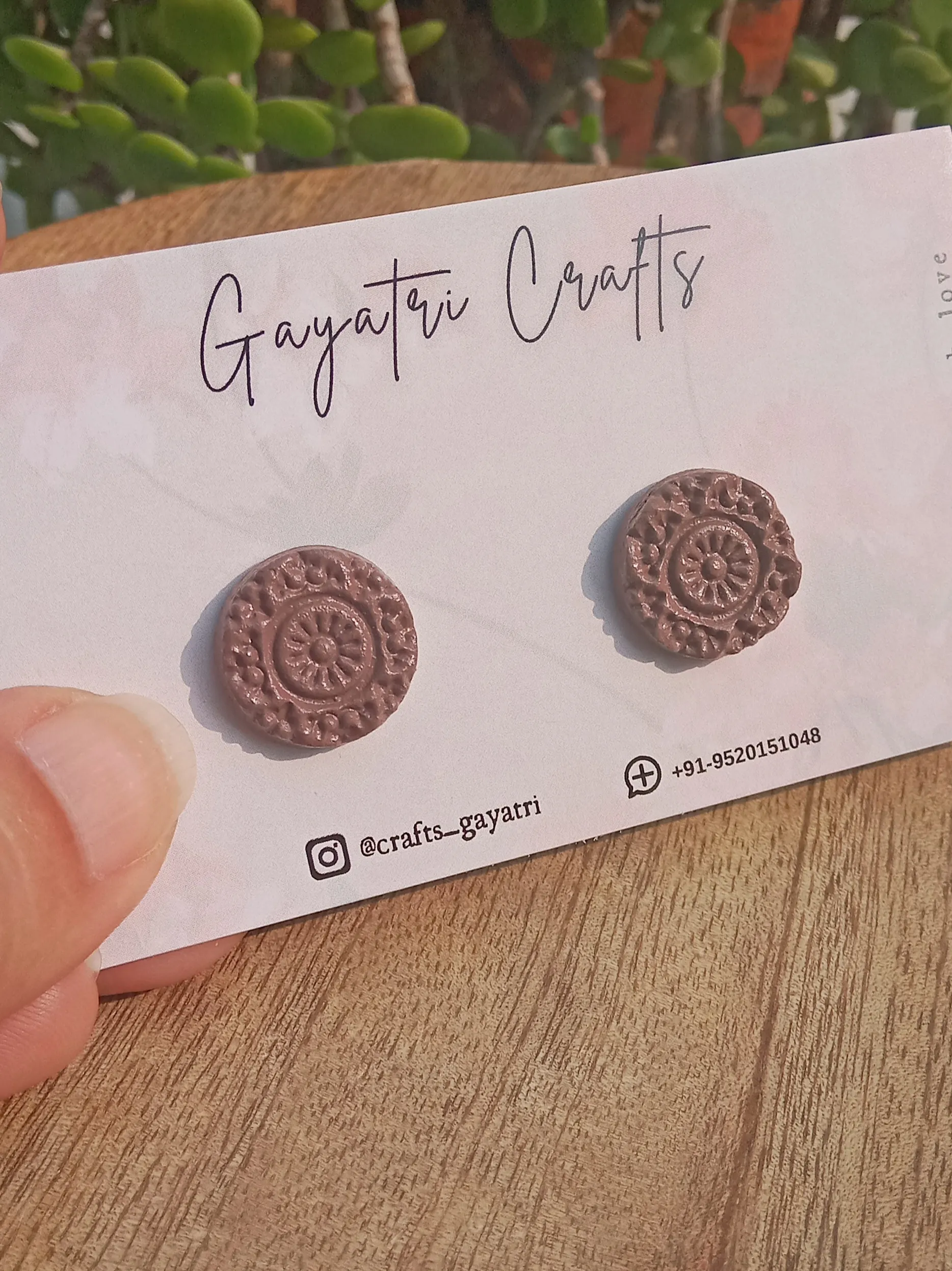 Small Mauve Clay Stud Earrings - Engraved Mandala Pattern - Hypoallergenic Stainless Steel Backing
