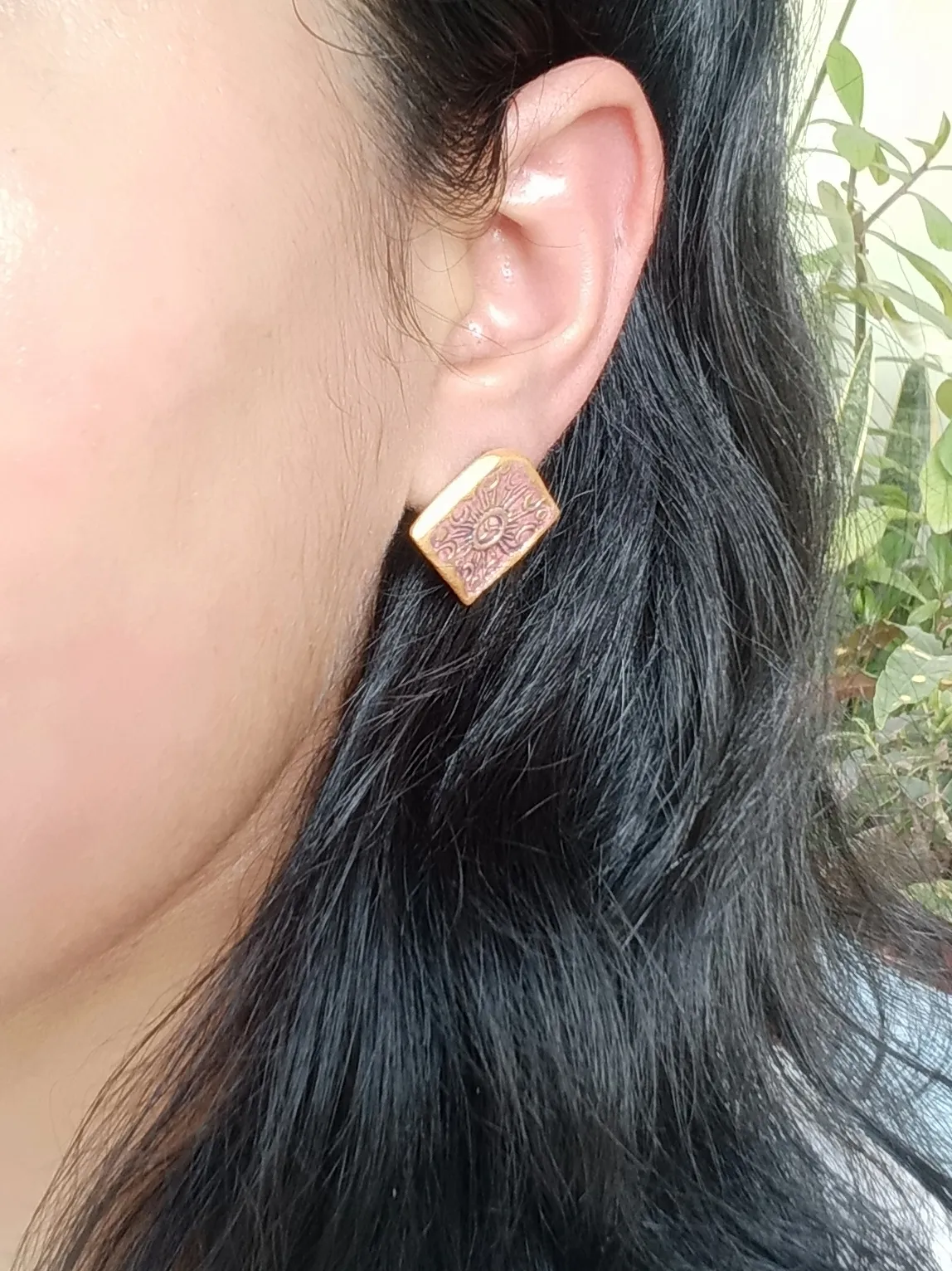 Minimalist Gold and Purple Clay Studs with a Boho Sun Moon And Stars Engraving