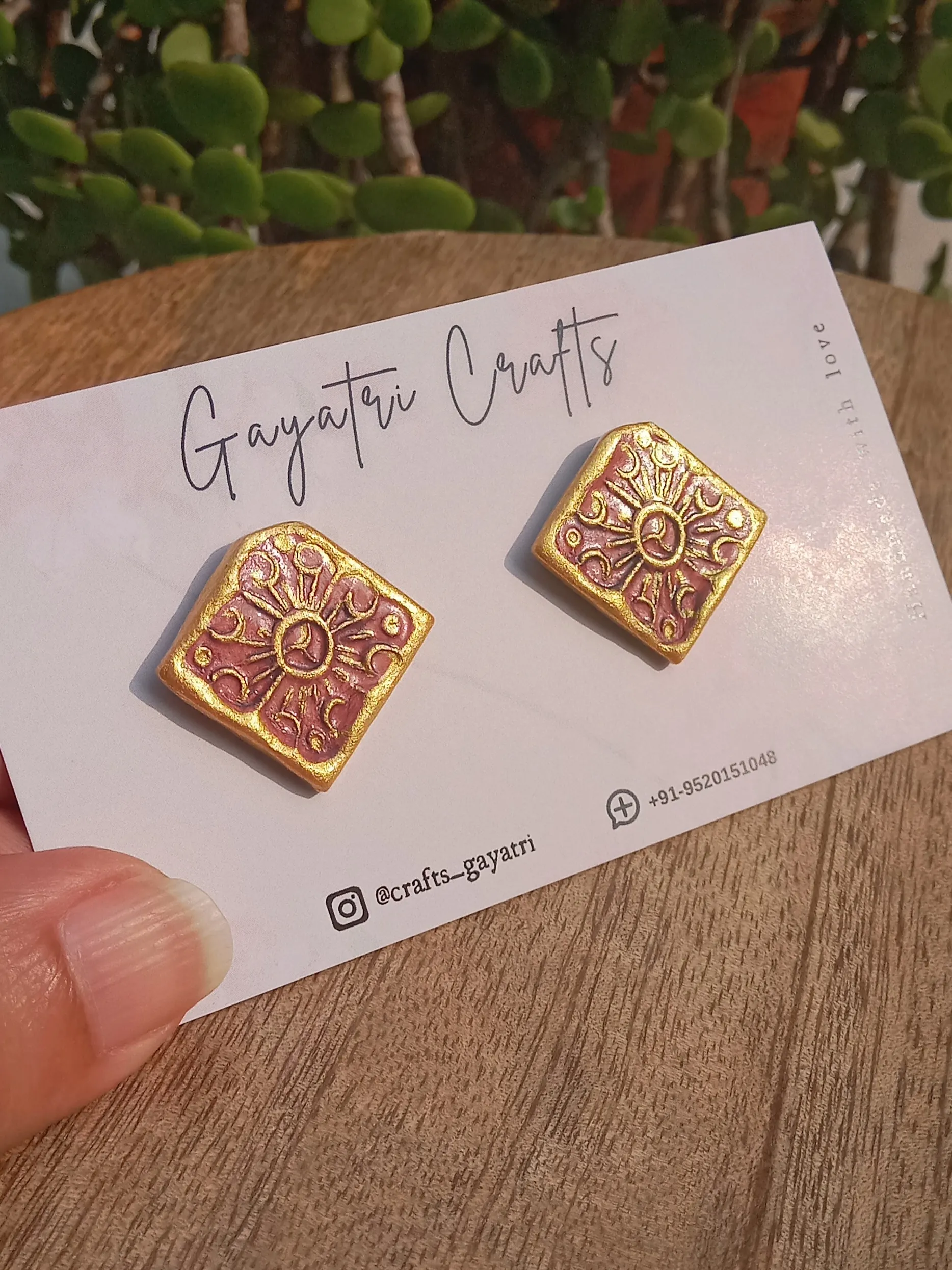 Minimalist Gold and Purple Clay Studs with a Boho Sun Moon And Stars Engraving