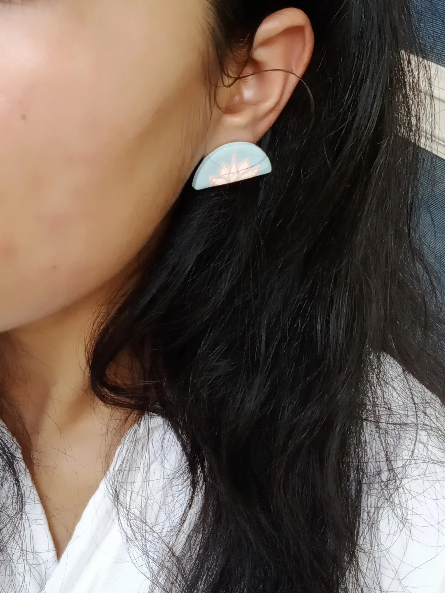 Blue Clay Studs With A Hand Painted Lotus Design In Pink And White Colour