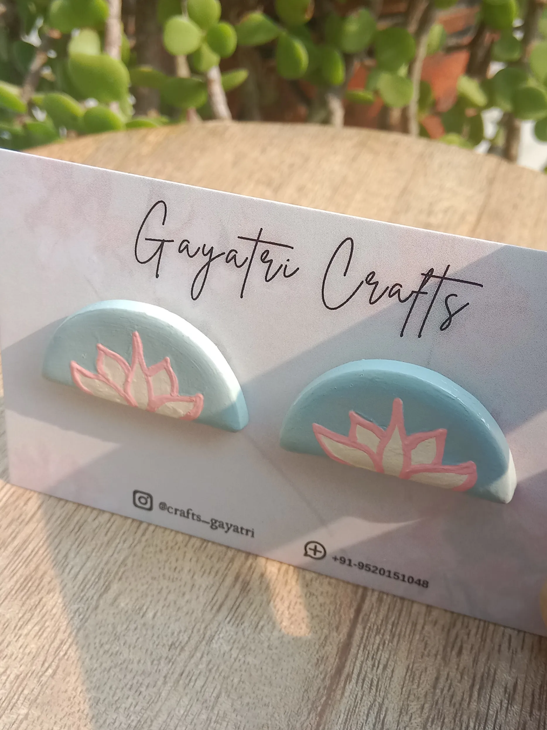 Blue Clay Studs With A Hand Painted Lotus Design In Pink And White Colour