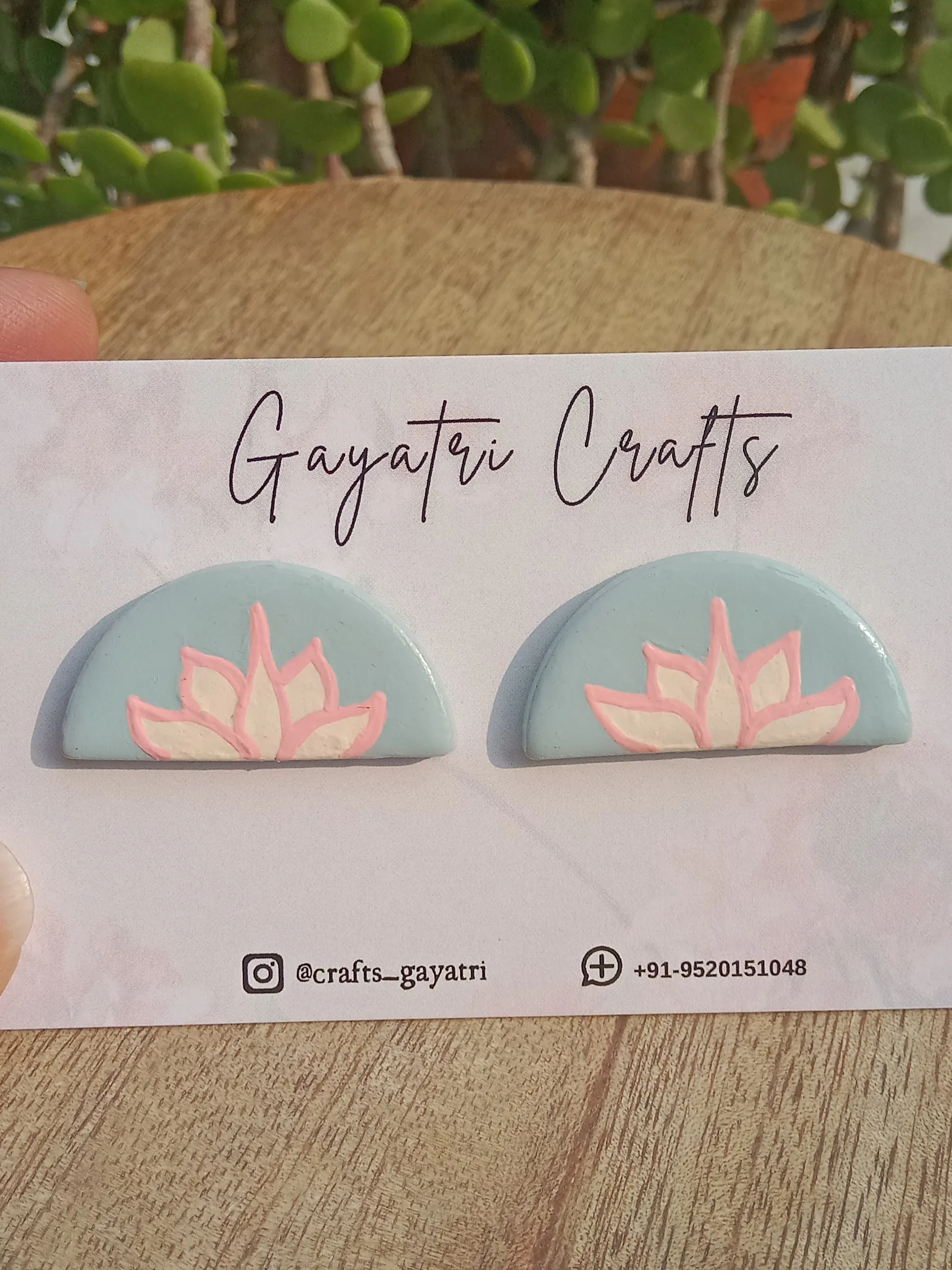 Blue Clay Studs With A Hand Painted Lotus Design In Pink And White Colour
