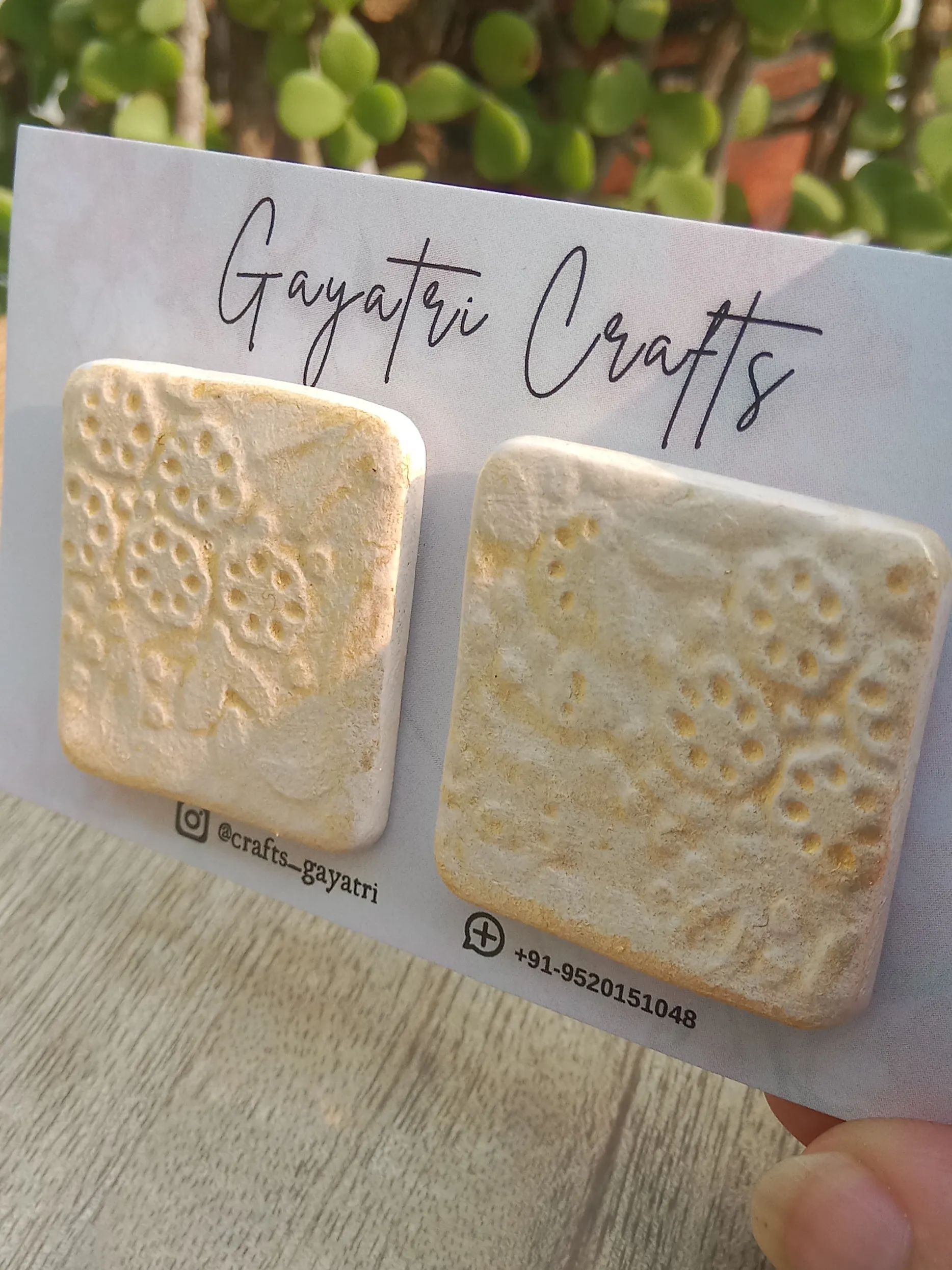 Big Square Clay Studs With An Engraved Boho Pattern And A Golden Shimmering Touch