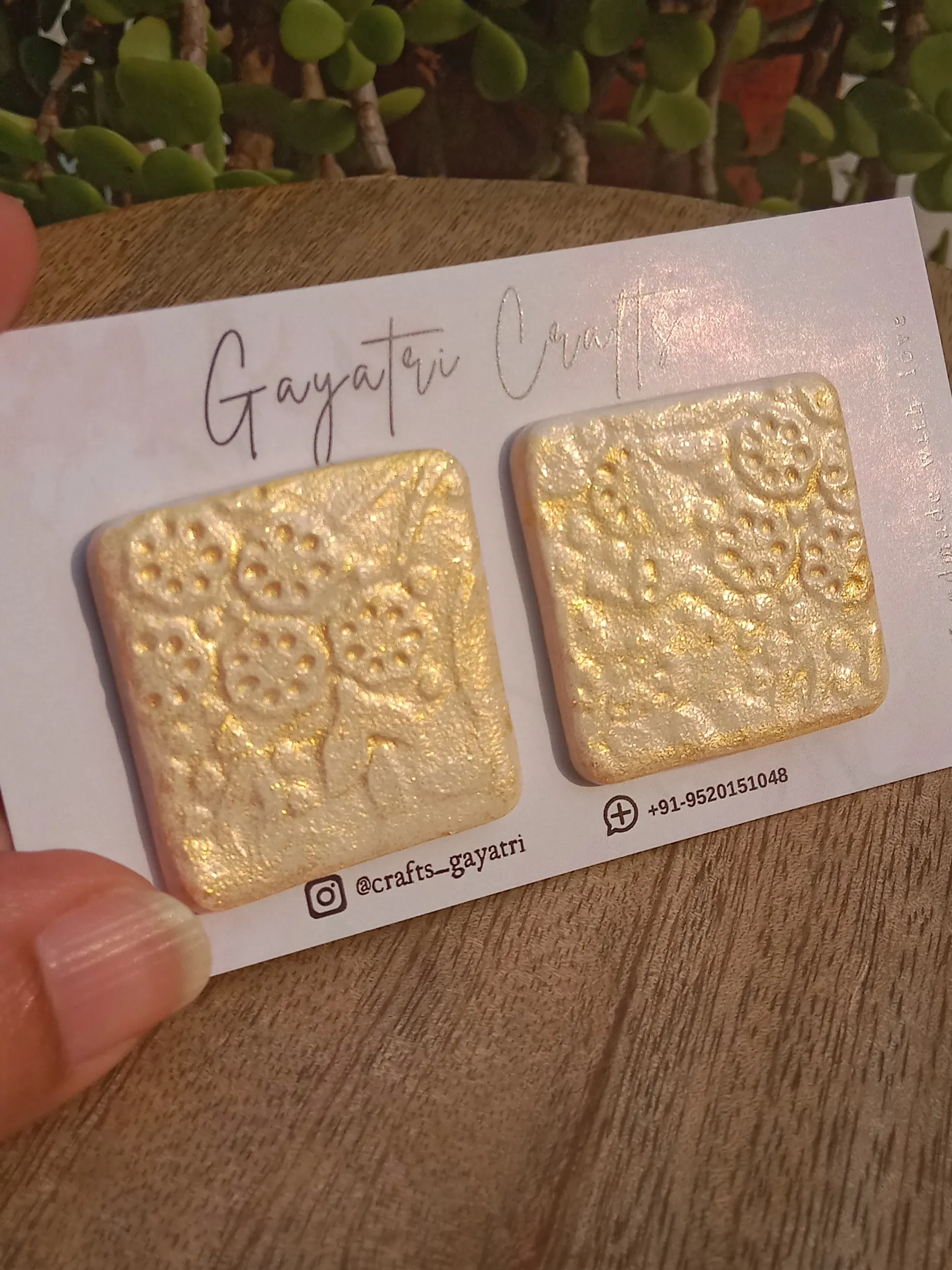 Big Square Clay Studs With An Engraved Boho Pattern And A Golden Shimmering Touch