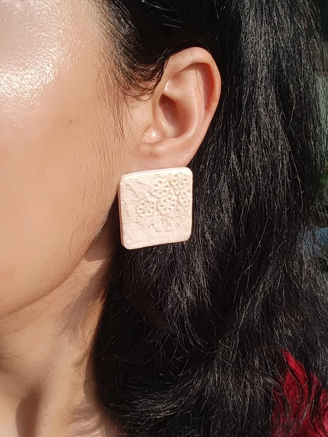 Big Square Clay Studs With An Engraved Boho Pattern And A Golden Shimmering Touch