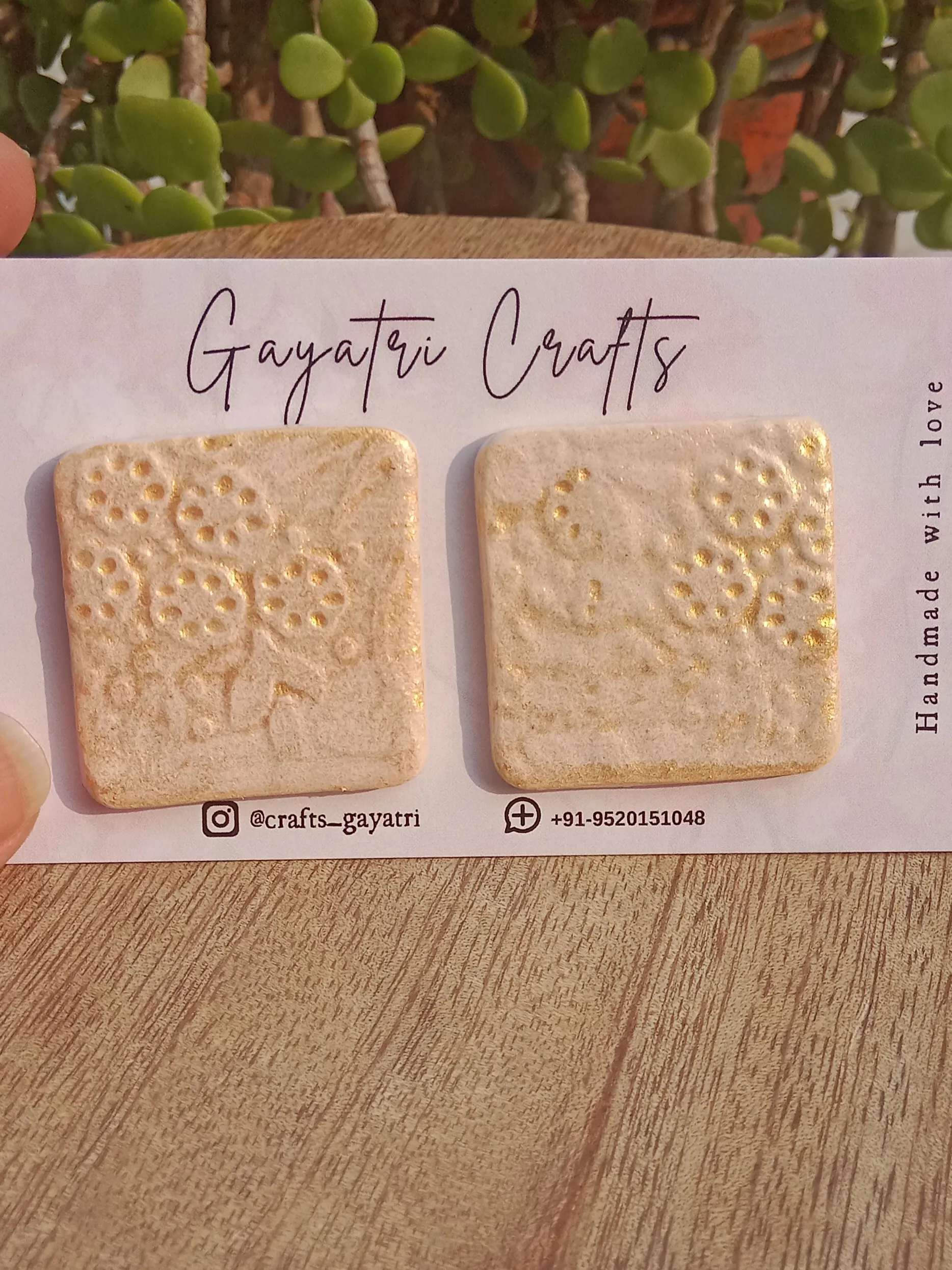 Big Square Clay Studs With An Engraved Boho Pattern And A Golden Shimmering Touch