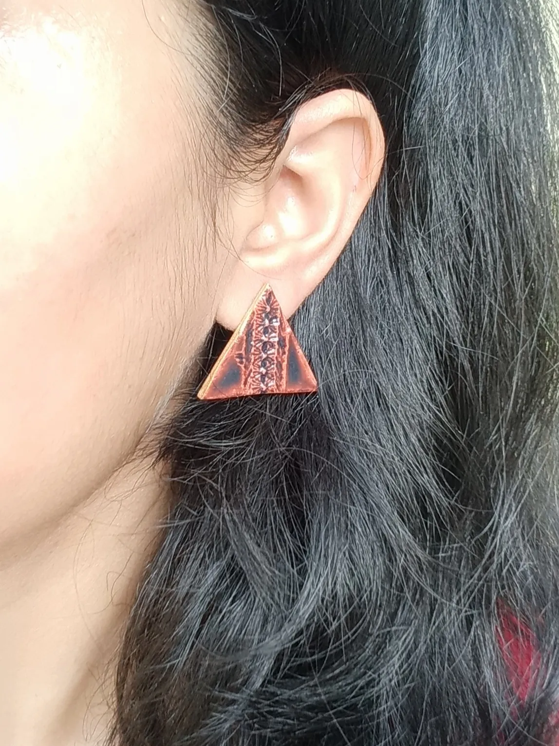 Brown Triangle Clay Studs With An Engraved Lacey Design And A Golden Border