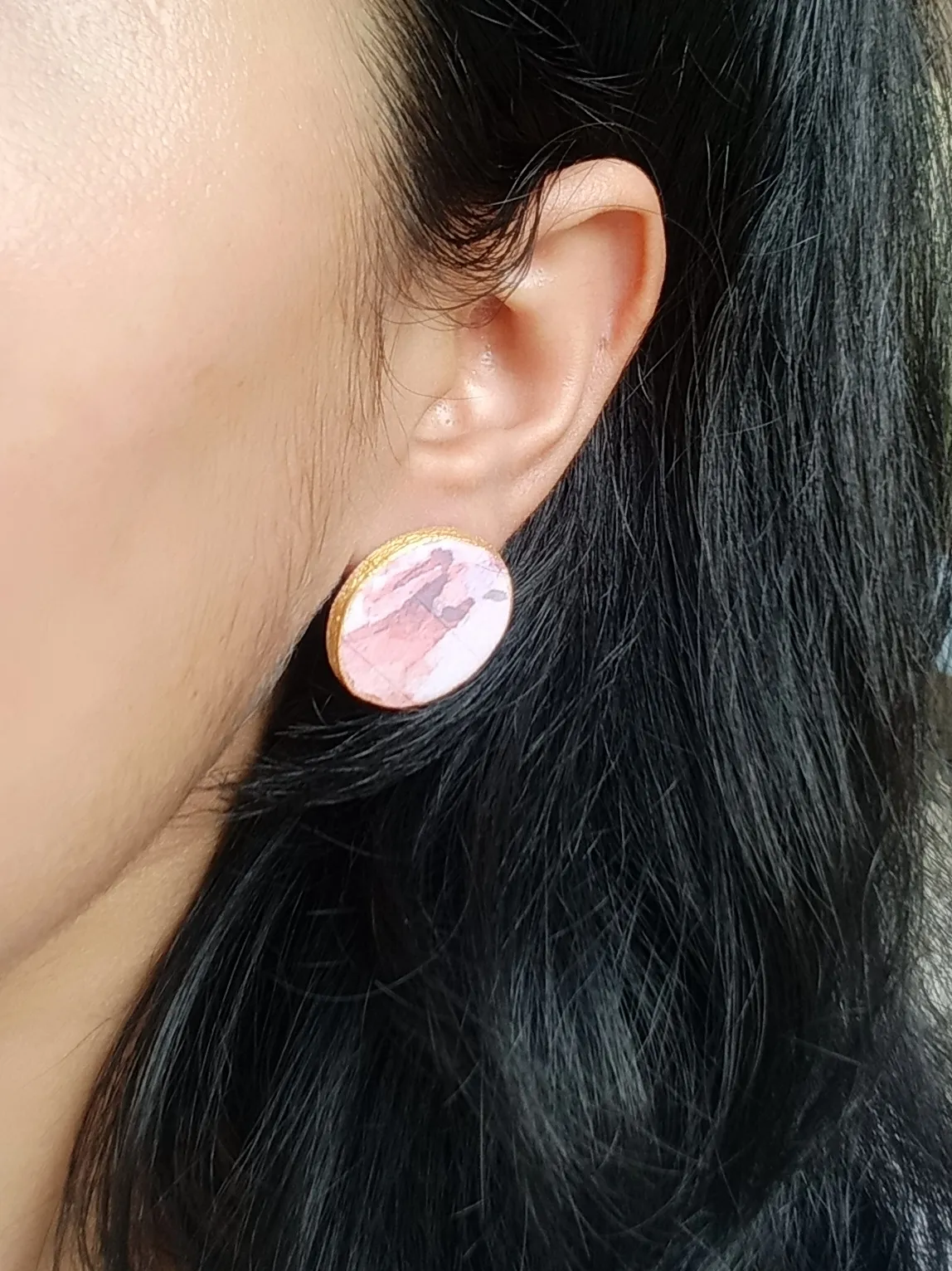 Victorian Rose Stationery Studs - Vintage Pink Rose Clay Earrings with Gold Border