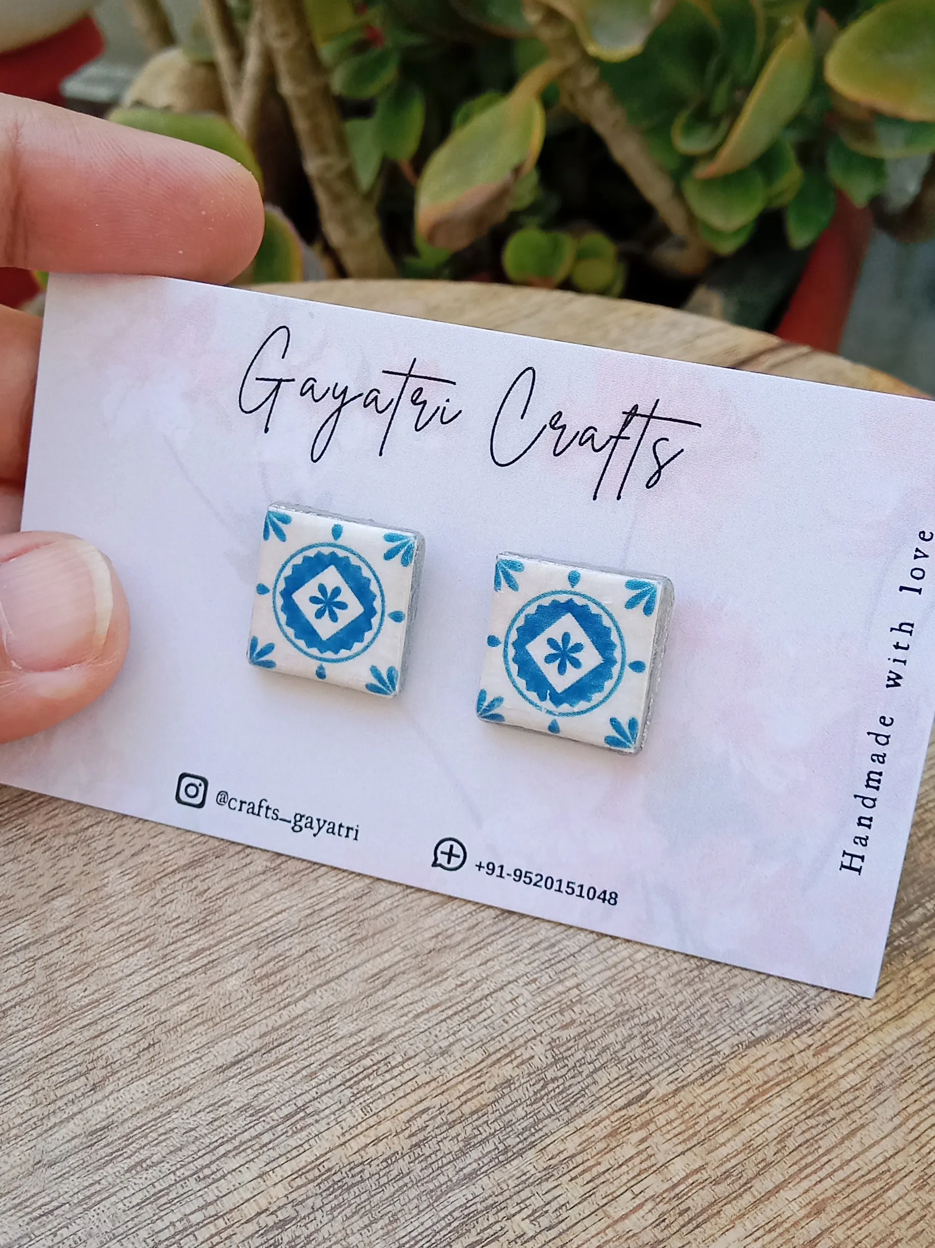 Mediterranean Tiles Inspired Clay Studs. Blue & white Earrings with Anti-Tarnish Stainless Steel backing.