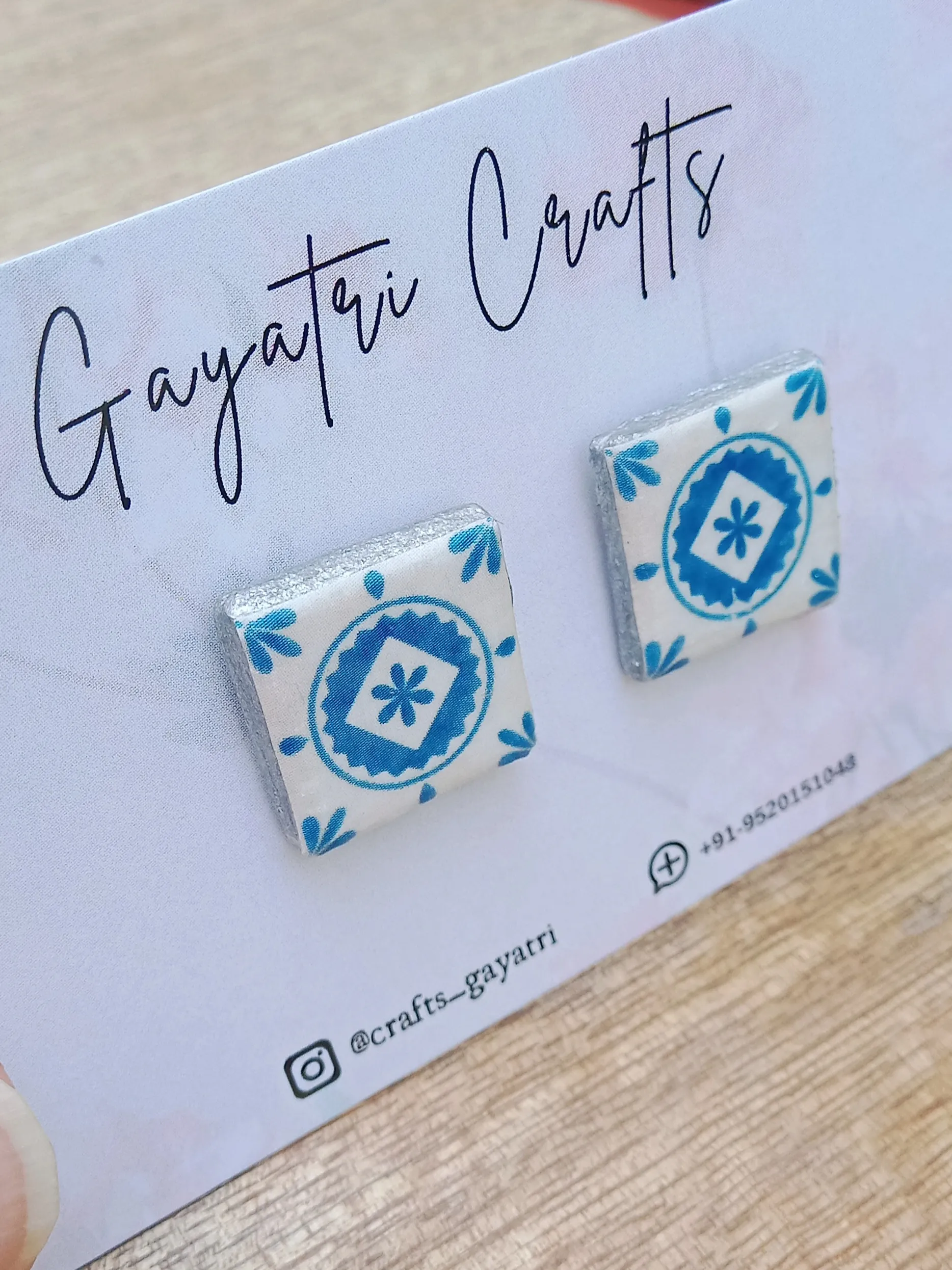 Mediterranean Tiles Inspired Clay Studs. Blue & white Earrings with Anti-Tarnish Stainless Steel backing.